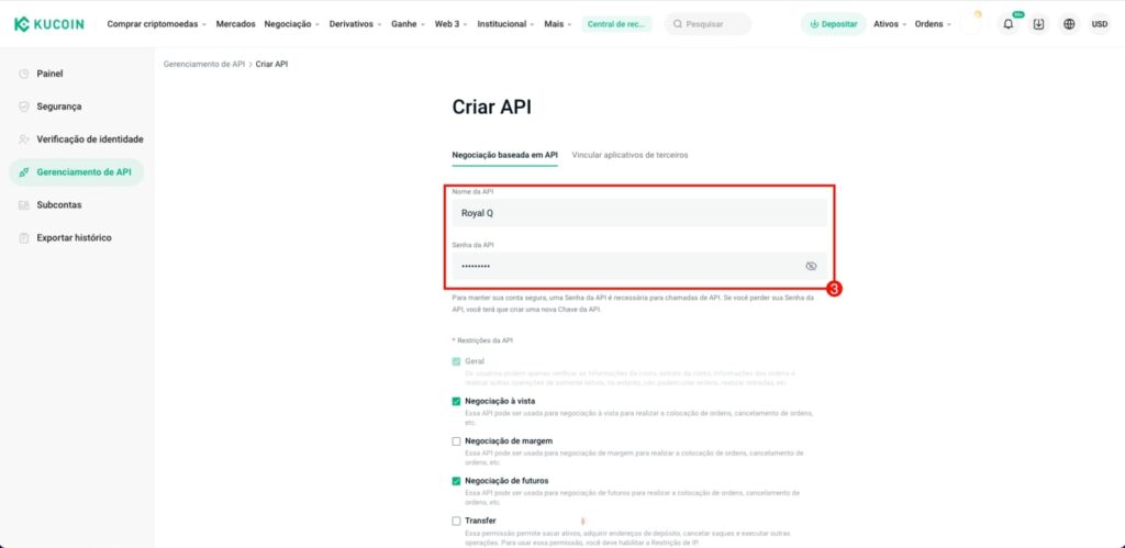 Crear Clave API Kucoin para Royal Q