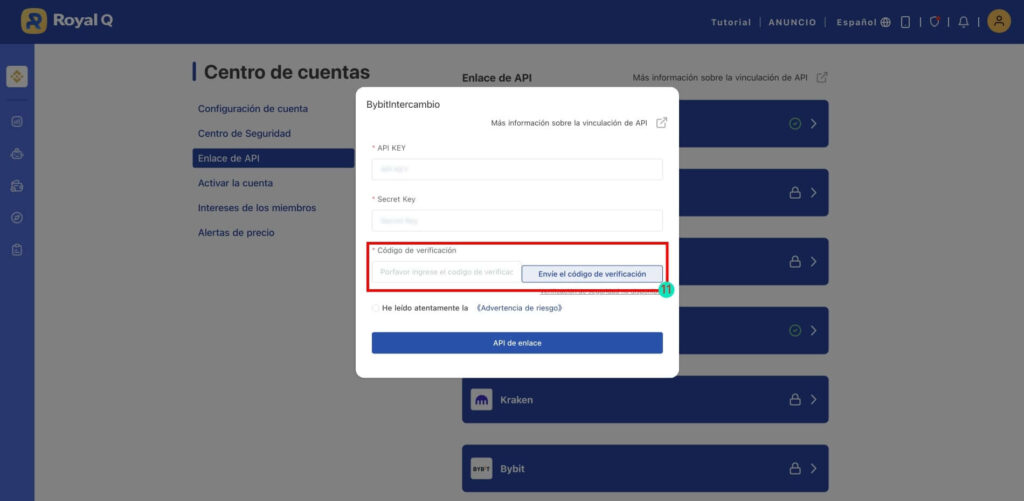 Royal Q API BYBIT codigo verificacion