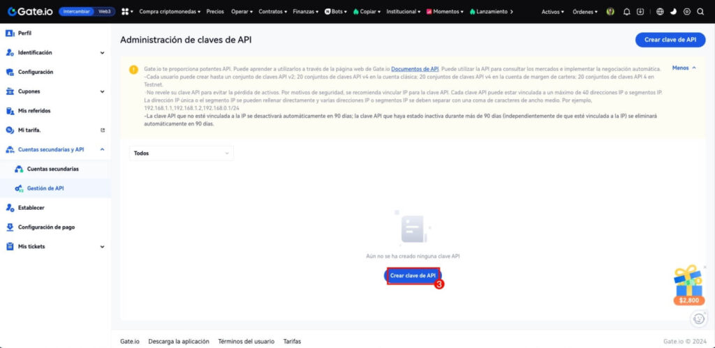 Gateio administración de claves api royal q