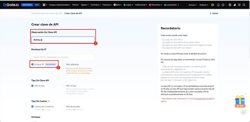 Gateio crear clave api Royal Q