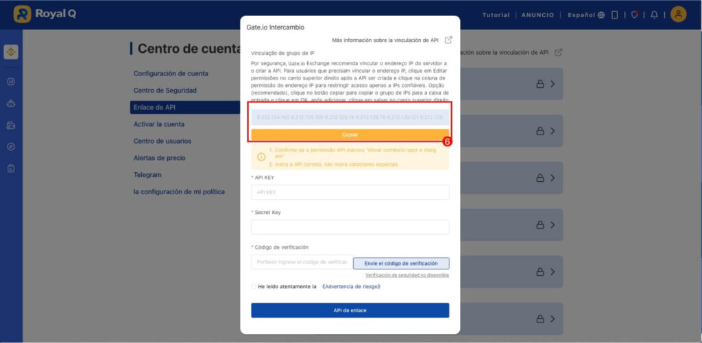 Gateio dirección ip royal q