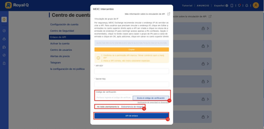 conexión clave api mexc royal q tutorial