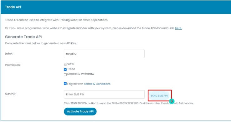 enviar smas para configurar api indodax royal q