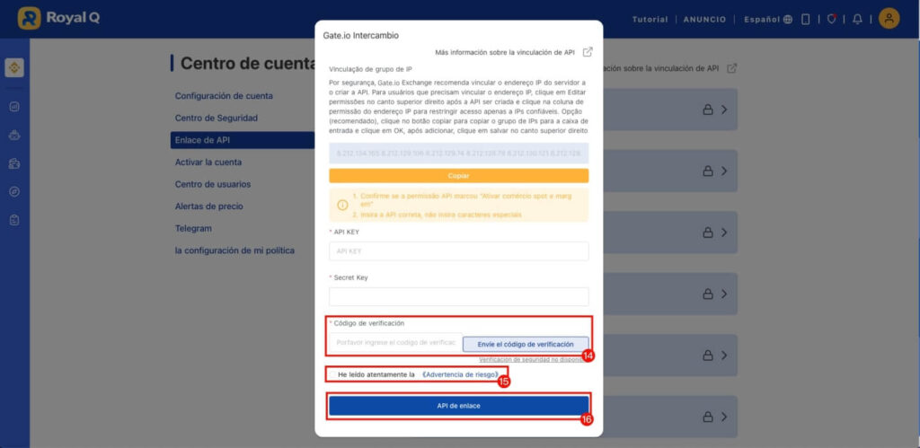 tutorial paso a paso conectar api key gateio a royal q